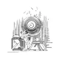 A mechanic working on a car engine surrounded by a dense forest tattoo design idea