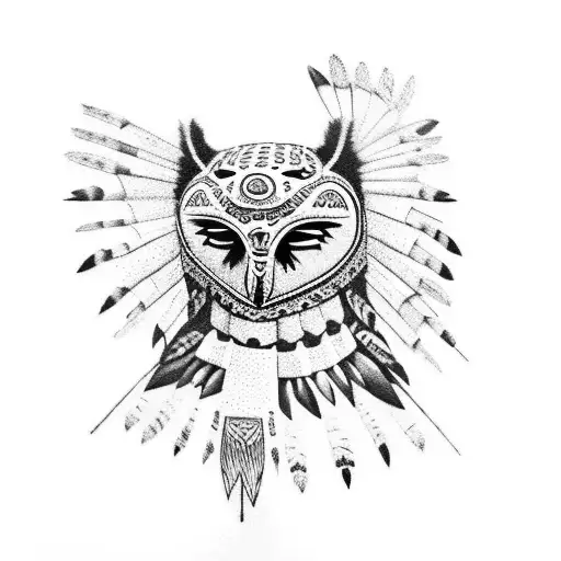 an indigenous woman, with a jaguar's head hood, a bow and arrow and an owl on her shoulder tattoo design idea