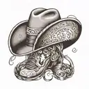 create a tattoo with the name Preston Stewart in cursive with a cowboy hat tipped on the P. The tattoo placement would b tattoo design idea