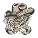 create a tattoo with the name Preston Stewart in cursive with a cowboy hat tipped on the P. The tattoo placement would b tattoo design idea