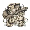 create a tattoo with the name Preston Stewart in cursive with a cowboy hat tipped on the P. The tattoo placement would b tattoo design idea