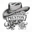create a tattoo with the name Preston Stewart in cursive with a cowboy hat tipped on the P. The tattoo placement would b tattoo design idea