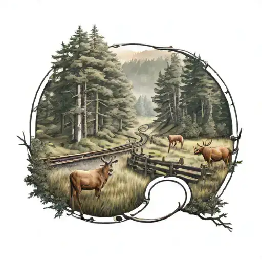 Create a tattoo design featuring a railroad track winding through a forest with deer and Holstein cows grazing nearby tattoo design idea