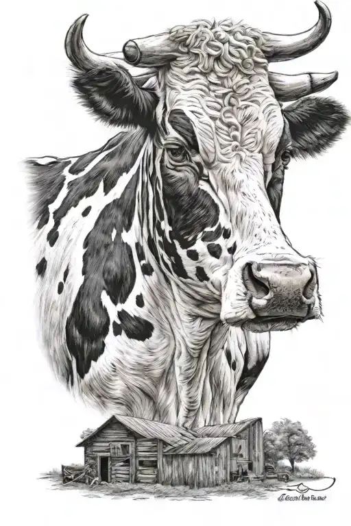 Holstein cow head with barn in background tattoo design idea