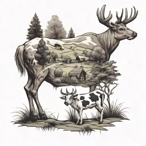 Combine elements of Lil Peep's lyrics with old school Runescape landscapes, featuring deer and Holstein cows tattoo design idea