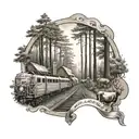 Create a tattoo design featuring a railroad track winding through a forest with deer and Holstein cows grazing nearby tattoo design idea