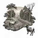 Create a tattoo design featuring a railroad track winding through a forest with deer and Holstein cows grazing nearby tattoo design idea