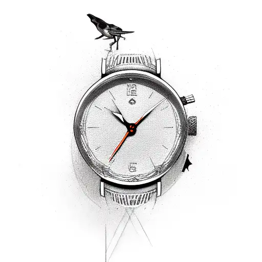 Sparrow, watch, timeline, cardiogramm, pulse tattoo design idea