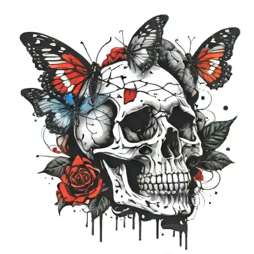 skull and roses and butterflies  tattoo design idea