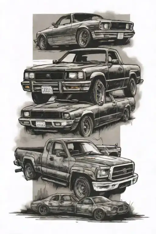old toyota pickup truck and mazda rx7 tattoo design idea