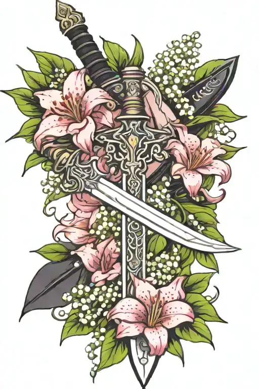  Zweihander sword surrounded by lilly of the valley flower tattoo design idea