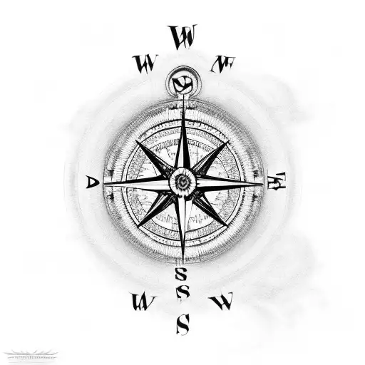 A compass surrounded by swirling clouds and mountains tattoo design idea