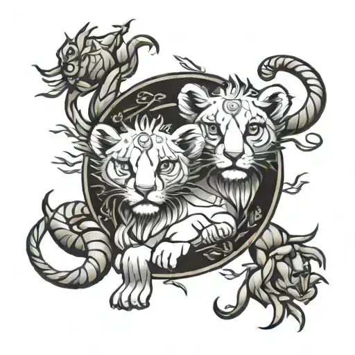 virgo zodiac sign, 2 lion cubs, scorpion wrapped tattoo design idea