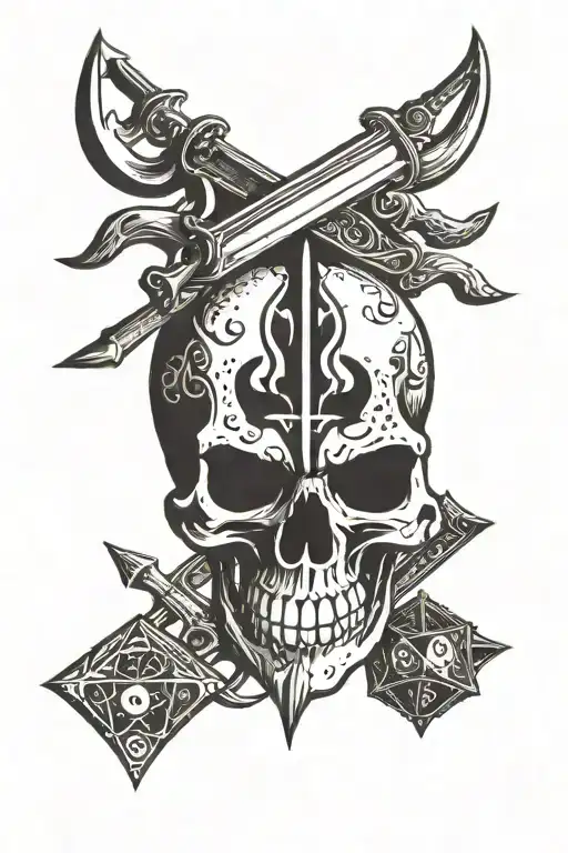 a skull facing front, with a trident piercing in vertical, and a dice under the skull, with the front face showing a 7  tattoo design idea