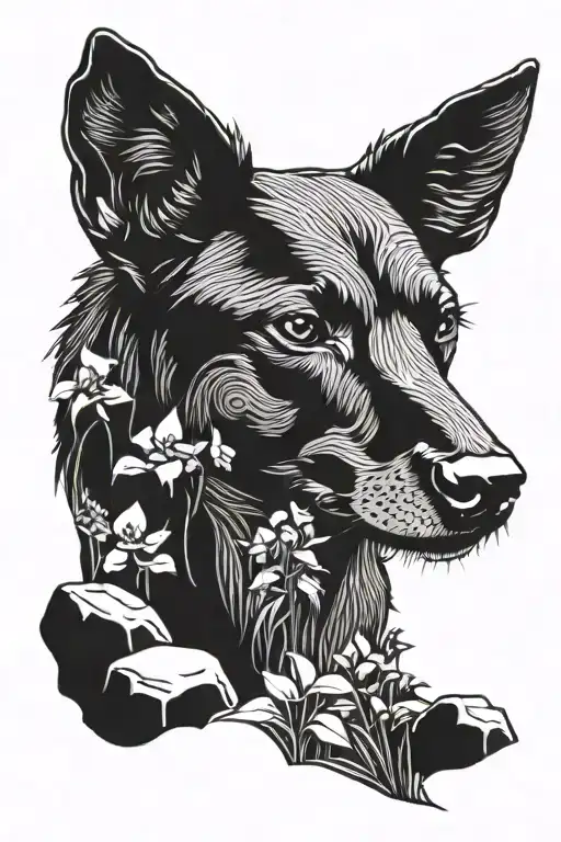 a kelpie sitting in a garden next to a big rock  tattoo design idea