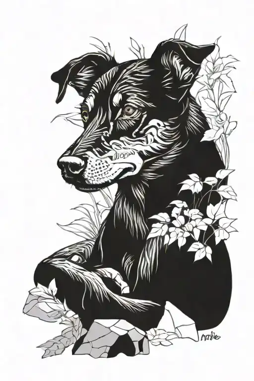 a kelpie sitting in a garden next to a big rock  tattoo design idea