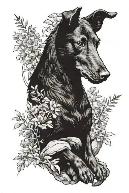 a kelpie sitting in a garden next to a big rock inspired tattoo tattoo design idea