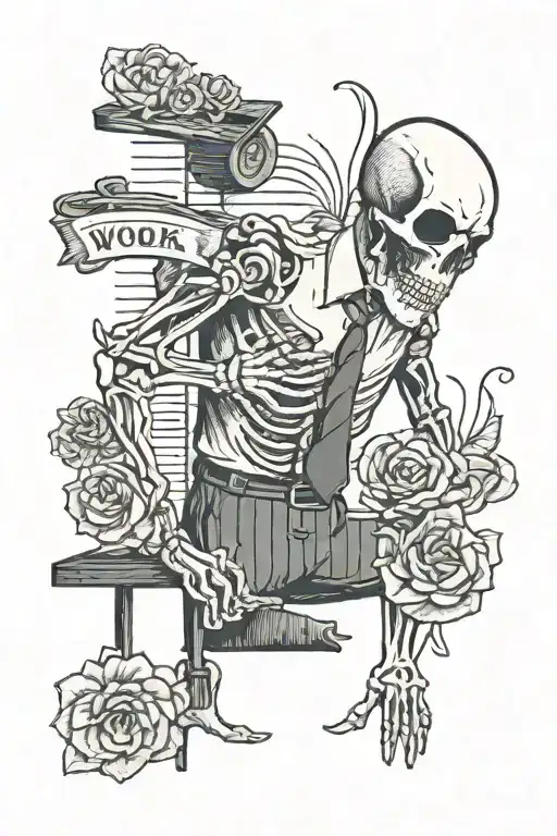 Skeleton in a short-sleeved office shirt and tie and the inscription "work from the word slave" tattoo design idea