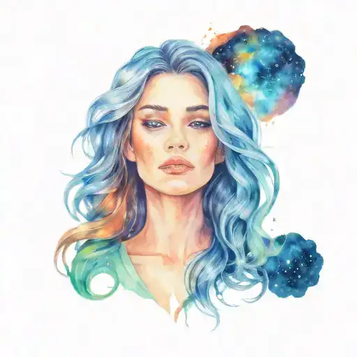 photo realistic woman with long, flowing hair and a galaxy exploding from her chest with a supernova in the center of it tattoo design idea