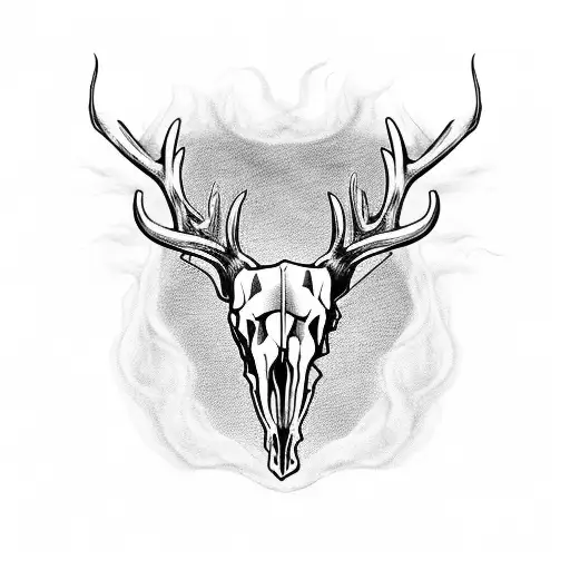 deer skull with fangs and extra antlers breathing out smoke with red eyes  tattoo design idea