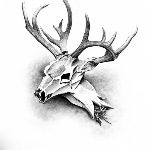 deer skull with fangs and extra antlers breathing out smoke with red eyes staring at the viewer tattoo design idea