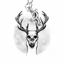 deer skull with fangs and extra antlers breathing out smoke with red eyes  tattoo design idea