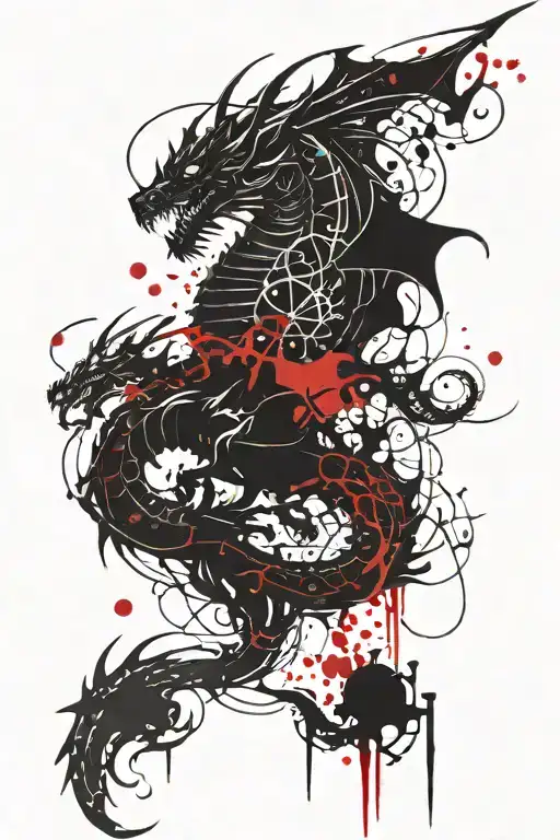 Abstract black ink dragon with   crescent moon full back with red and black ink splashes tattoo design idea