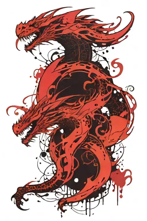 Abstract ink dragons, crescent moon, full back with red and black ink splashes  tattoo design idea