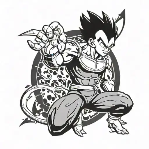 Integrate Majin Vegeta's signature pose with subtle gun silhouettes in the background tattoo design idea
