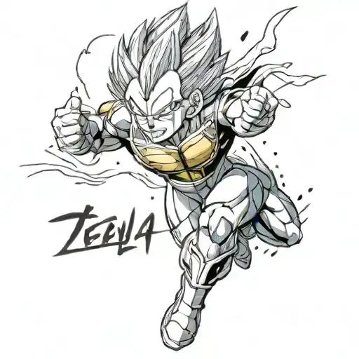 Illustrate Majin Vegeta surrounded by lettering that symbolizes bravery and strength tattoo design idea