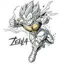 Illustrate Majin Vegeta surrounded by lettering that symbolizes bravery and strength tattoo design idea