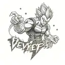 Illustrate Majin Vegeta surrounded by lettering that symbolizes bravery and strength tattoo design idea