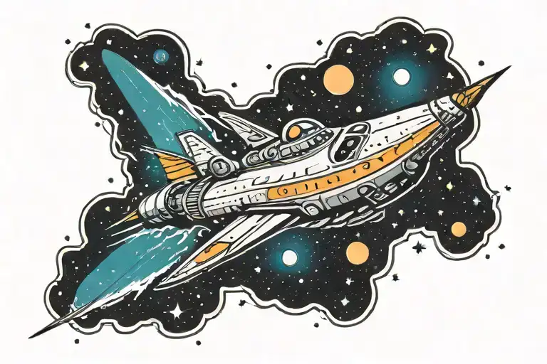 spaceship flying through a galaxy tattoo design idea
