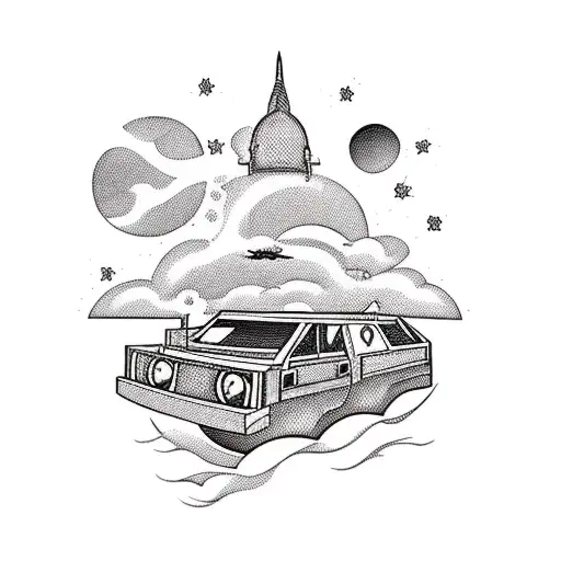 A funny caricature of a Philippine jeepney floating in space tattoo design idea
