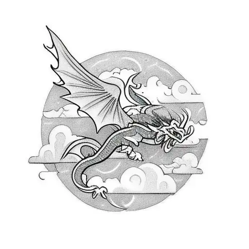 A traditional-style tattoo showcasing a mythical dragon soaring over an ancient monument with sakura blossoms in the background tattoo design idea