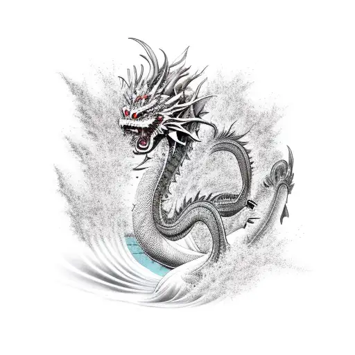 A realistic portrayal of a Japanese dragon emerging from a serene pond with sakura petals falling around it tattoo design idea