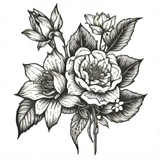 a lemon with a bouquet of one snow drop, one daffodil, one rose, one water lily, two morning glory, two cosmos tattoo design idea