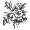 a lemon with a bouquet of one snow drop, one daffodil, one rose, one water lily, two morning glory, two cosmos tattoo design idea