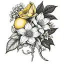 a lemon with a bouquet of one snow drop, one daffodil, one rose, one water lily, two morning glory, two cosmos tattoo design idea