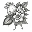 a lemon with a bouquet of one snow drop, one daffodil, one rose, one water lily, two morning glory, two cosmos tattoo design idea