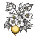 a lemon with a bouquet of one snow drop, one daffodil, one rose, one water lily, two morning glory, two cosmos tattoo design idea