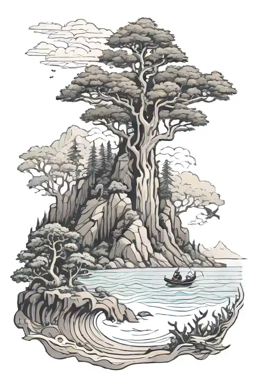 vast mountains with pine trees leading into an ocean below with a viking scuba diver in the water looking at a coral ree tattoo design idea