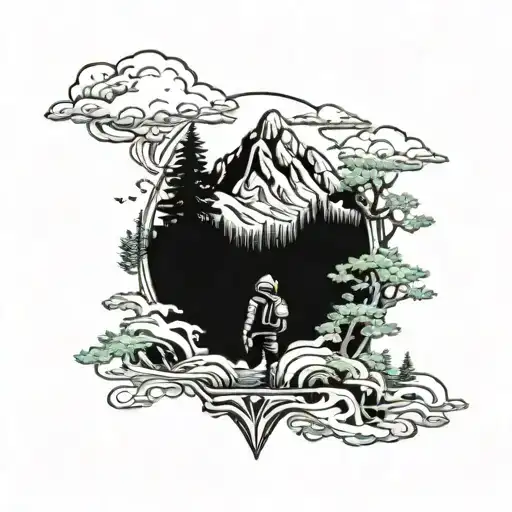 vast mountains with pine trees leading into an ocean below with a viking scuba diver  tattoo design idea