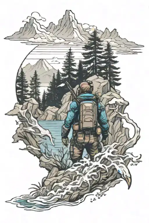 vast mountains with pine trees leading into an ocean below with a viking scuba diver in the water looking at a coral ree tattoo design idea