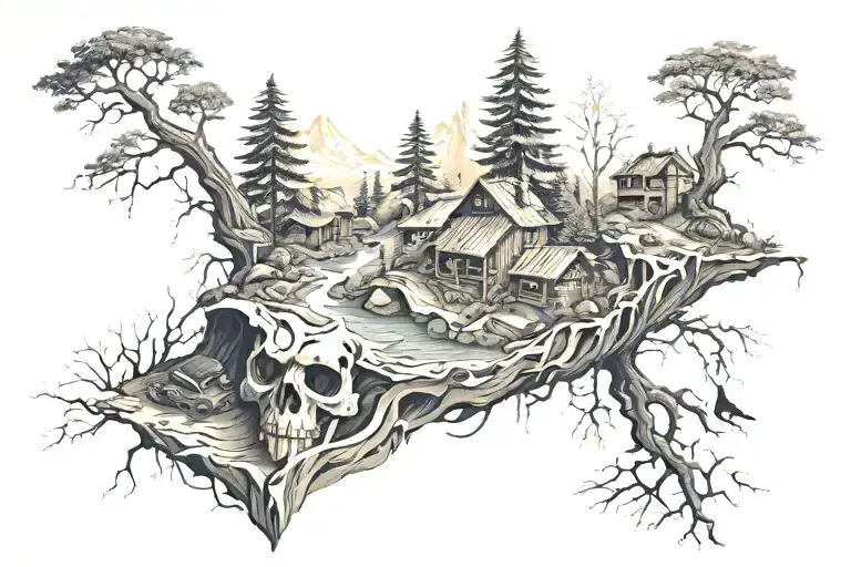 wilderness life and death tattoo design idea