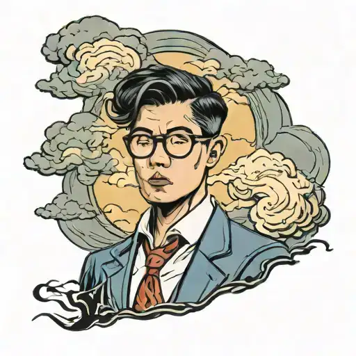 young asian man with glasses in a suit standing in front of dark storm clouds with lightning and tornado in background tattoo design idea