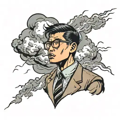 young asian man with glasses in a suit standing in front of dark storm clouds with lightning and tornado in background tattoo design idea