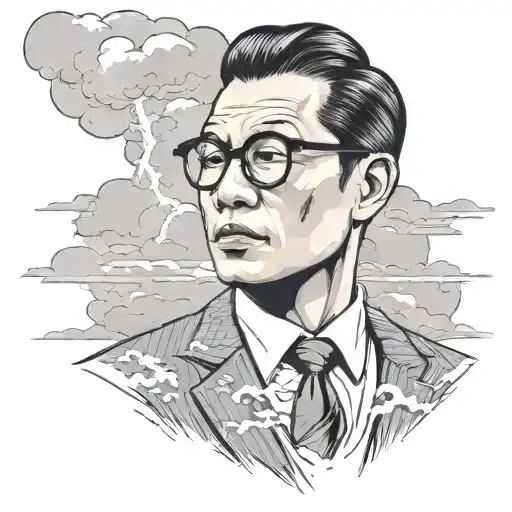 asian man with glasses in a suit standing in front of dark storm clouds with lightning and tornado in background tattoo design idea