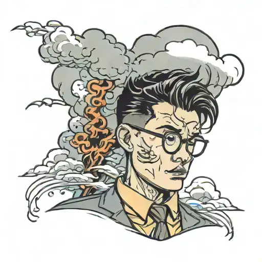 young asian man with glasses and a suit and tie standing in front of storm clouds with lightning and a tornado behind tattoo design idea