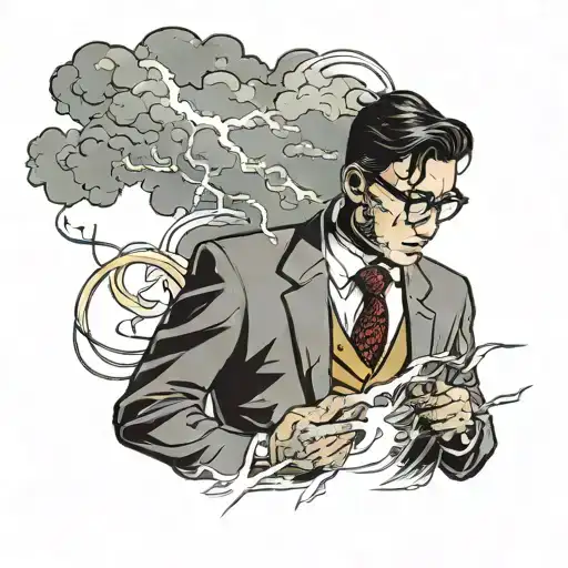 asian man with glasses in a suit standing in front of dark storm clouds with lightning and tornado in background tattoo design idea